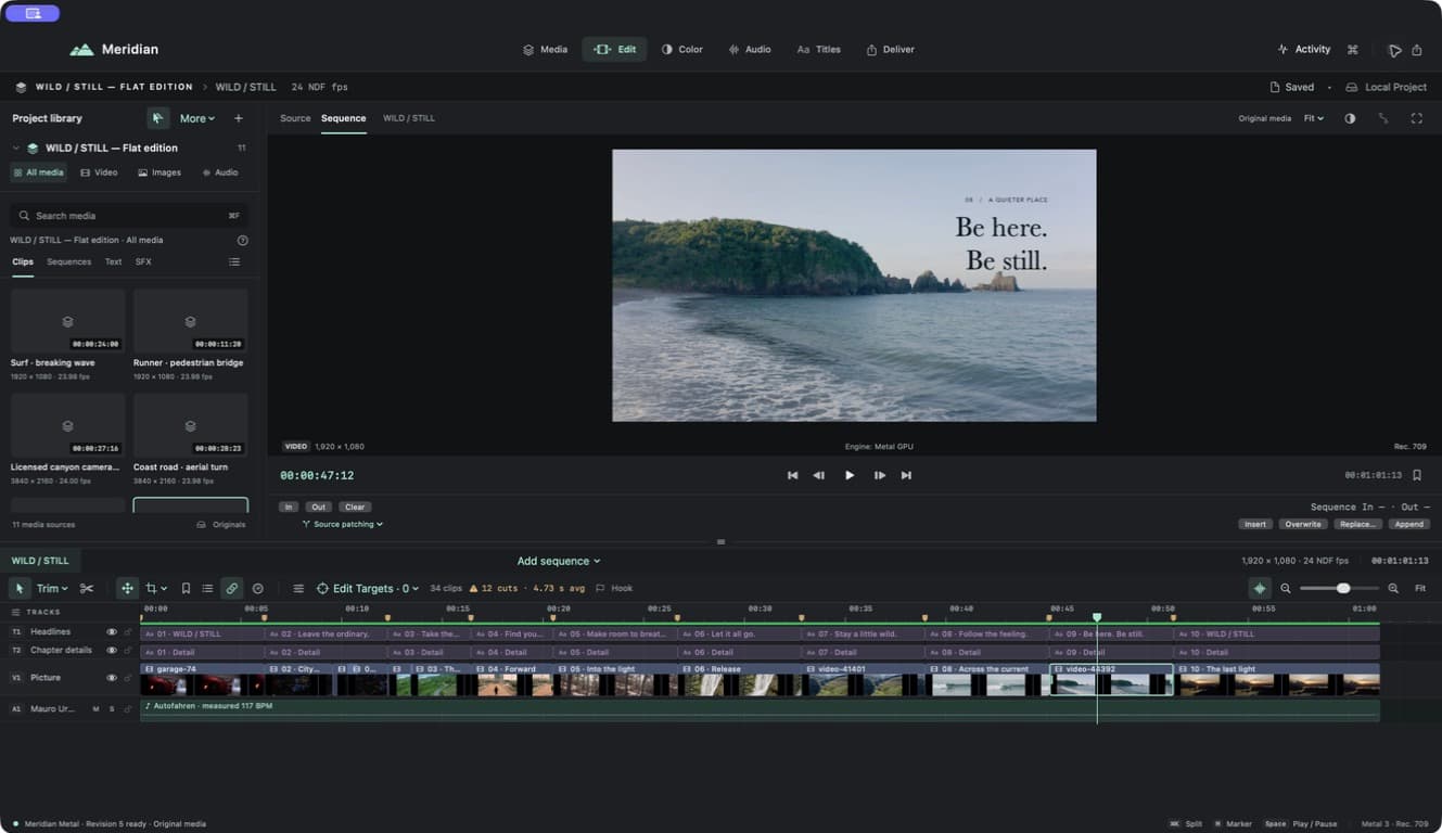 Real Meridian Edit workspace with the WILD / STILL sample project